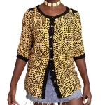 African Yellow/Orange & Black Tribal Print Vintage Blouse w/ Shell Embroidery ￼ - Image 3