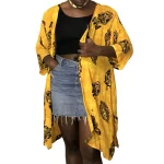 Orange, Yellow & Black African Tribal Mask Prints Women Duster/Cardigan ￼ - Image 2