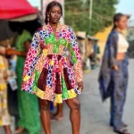 African Print Women Multicolor Short Mid Shirred Flowing Bell Sleeve Dress ￼