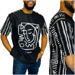 Abstract Embroidered Men African Print Black & White Top Shirt