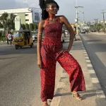 Ankara/ African Print Red Two Piece Shirred Blouse & Flair Pants - Image 2