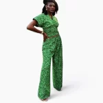 Green Two Piece Women, African Print Blouse & Flair Pants ￼