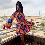 Orange, Red & Blue African Print Women Mid Shir Short Flowing Bell Sleeve Dress