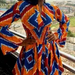 Orange, Red & Blue African Print Women Mid Shir Short Flowing Bell Sleeve Dress - Image 3