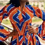 Orange, Red & Blue African Print Women Mid Shir Short Flowing Bell Sleeve Dress - Image 4
