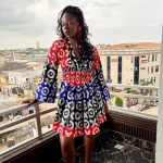 Red, Blue, & Black Women Short Flowing Bell Sleeve African Print Dress ￼