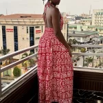 Red & White Ankara African Print Shirred Long Dress