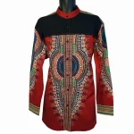 African Maroon Men Long Sleeve Button Up Dashiki Top w/ Black Chest Detail