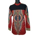 African Maroon Men Long Sleeve Button Up Dashiki Top w/ Black Chest Detail - Image 2