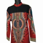 African Maroon Men Long Sleeve Button Up Dashiki Top w/ Black Chest Detail - Image 3
