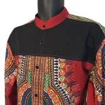African Maroon Men Long Sleeve Button Up Dashiki Top w/ Black Chest Detail - Image 6