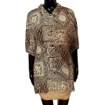 100% Silk Brown and Beige Patterned Women Collar Shirt