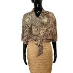 100% Silk Brown and Beige Patterned Women Collar Shirt - Image 3