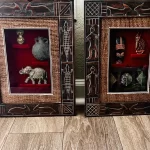 2 Vintage Wooden Brown Carved w/ 3-D African Traditional Art In Glass Home Decor - Image 2