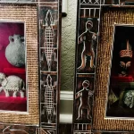 2 Vintage Wooden Brown Carved w/ 3-D African Traditional Art In Glass Home Decor - Image 3