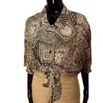 100% Silk Brown and Beige Patterned Women Collar Shirt - Image 5