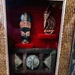 2 Vintage Wooden Brown Carved w/ 3-D African Traditional Art In Glass Home Decor - Image 6
