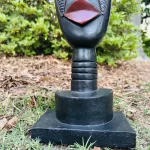 Large African Ghana Brown Wooden Mask Statue w/ Metal Detail - Image 4