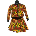 Orange & Multicolor Ghana African Print Girl Jacket & Skirt Set ￼
