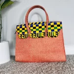 Peachy Orange Women Handbag w/ African Ghana Print Detail