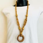 Long Hanging Brown Wooden Beaded Necklace w/ Circle Pendant