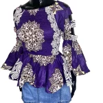 Purple African Print Shirred Butterfly Sleeve Women Blouse/Shirt ￼ - Image 2