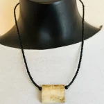 Black Beaded African Kenyan Necklace with Beige Rectangular Pendant - Image 2