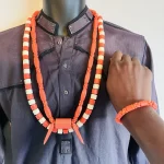 2 Necklaces & 1 Bracelet African Nigerian Artificial Orange & Beige Coral Beads
