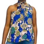 Shoulder-less African Print Women Loose Fit Blue Blouse with Tie