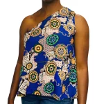 Shoulder-less African Print Women Loose Fit Blue Blouse with Tie - Image 2