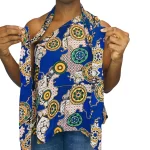 Shoulder-less African Print Women Loose Fit Blue Blouse with Tie - Image 3