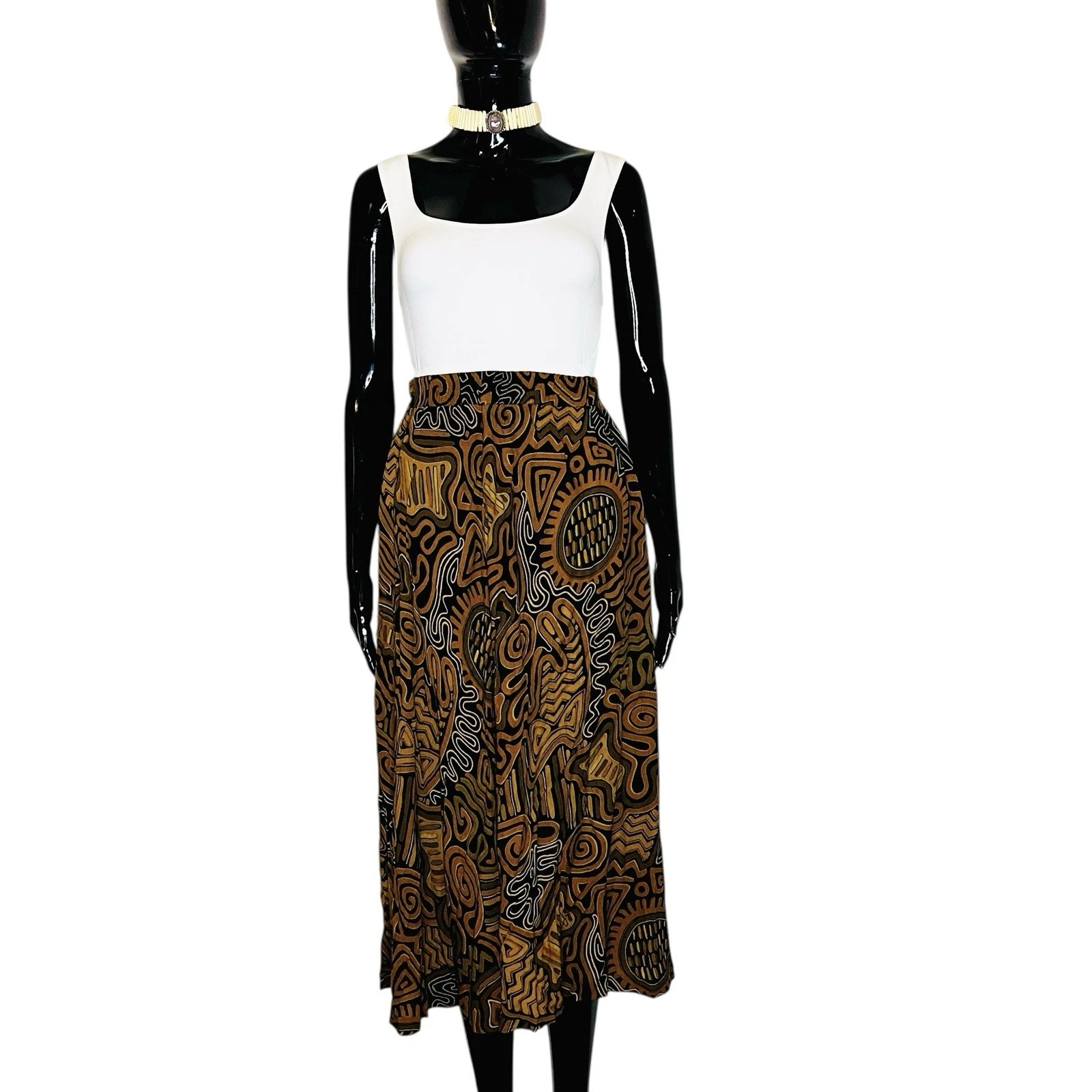 s-l1600.webp (One Size) Brown Abstract Print Women Flowing Long Skirt - Image 1