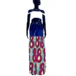 (Medium) Long Blue Jean Fitted Skirt w/ Rhinestones & Multicolored African Print